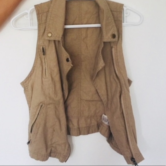 Khaki Tan Linen Moto Vest Jacket Maurices Boho Coat XS S Top Vintage Cute Kawaii - Picture 5 of 6